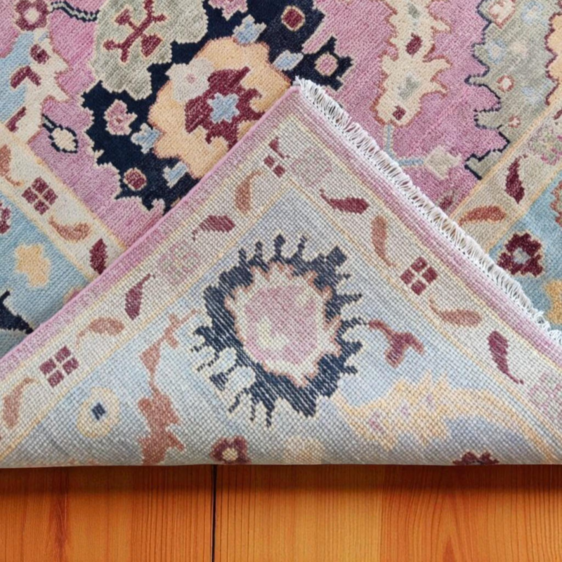Pink Hand Knotted Oushak Wool Rug, Turkish Floral Motifs Carpet, Traditional Area Rug For Living Room  - Image 8