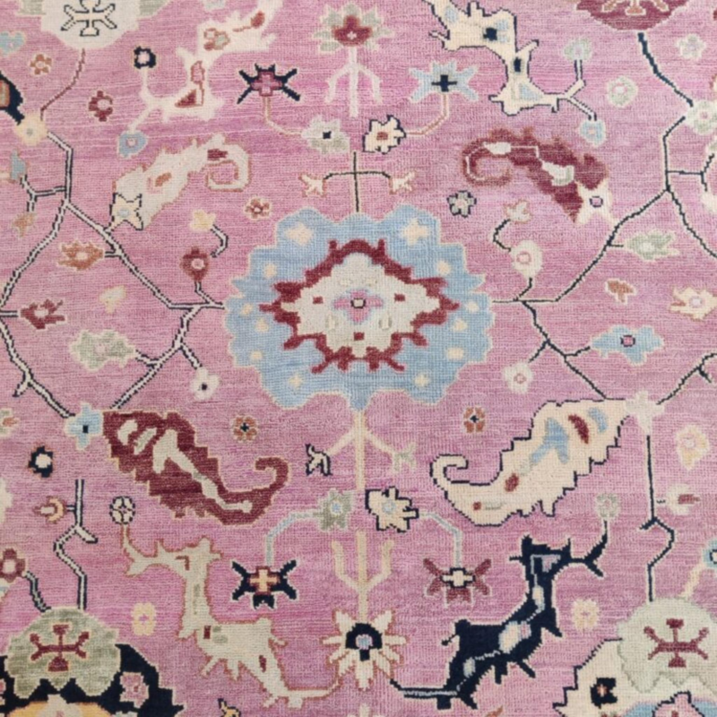 Pink Hand Knotted Oushak Wool Rug, Turkish Floral Motifs Carpet, Traditional Area Rug For Living Room  - Image 7