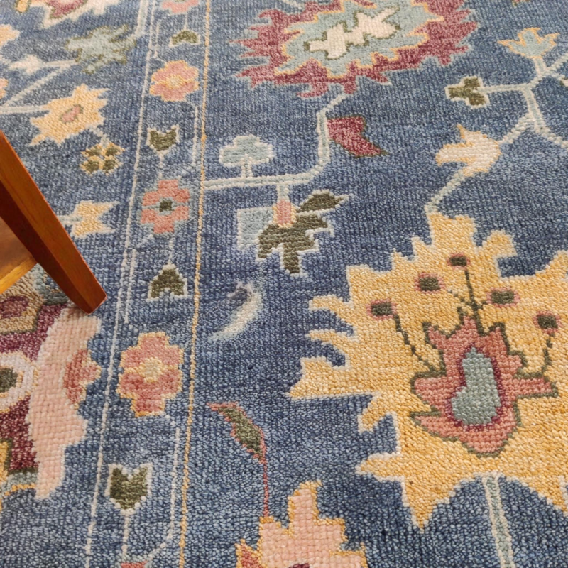 Hand Knotted Traditional Anatolian Turkish Wool Rug, 8x10 Blue Oushak Floral Design Area Rug for Living Room Décor - Image 3