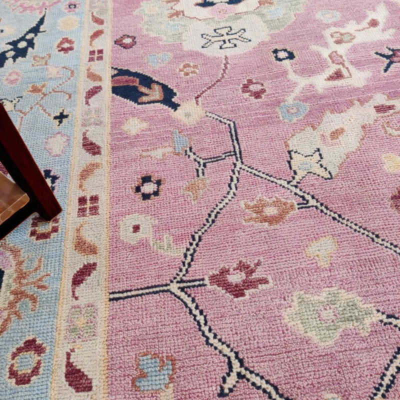 Pink Hand Knotted Oushak Wool Rug, Turkish Floral Motifs Carpet, Traditional Area Rug For Living Room  - Image 3