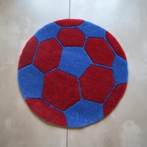Red & Blue Soccer Ball Round Hand Tufted Wool Rug : Kids Room Play Carpet