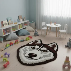 Husky Wool Rug – Hand Tufted Plush Dog Face Nursery Carpet