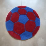 Soccer Ball Wool Rug – Red & Blue Round Hand Tufted Kids Carpet