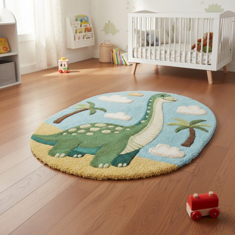 Hand-Tufted Wool Dinosaur Rug: Round Nursery Playroom Carpet - Image 5