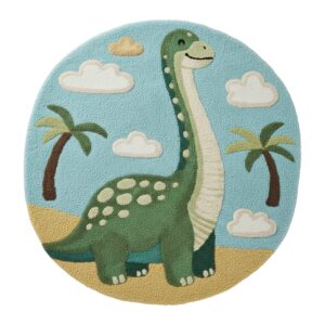 Hand-Tufted Wool Dinosaur Rug: Round Nursery Playroom Carpet