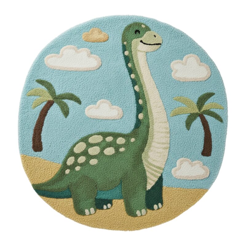 Hand-Tufted Wool Dinosaur Rug: Round Nursery Playroom Carpet