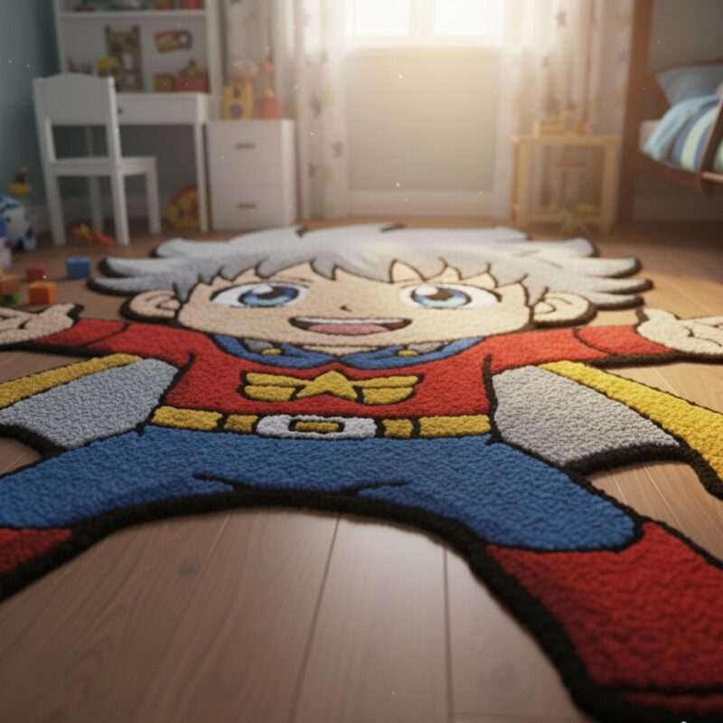 Hand Tufted Superhero Kids Rug, Cartoon Character Playroom Carpet, Fun Boys Room Décor - Image 4