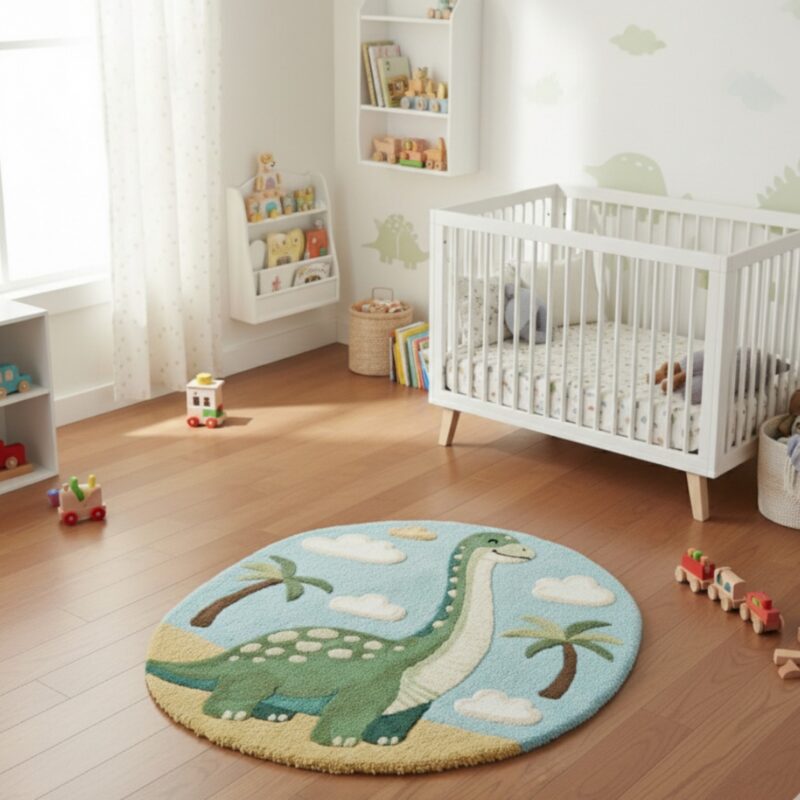 Hand-Tufted Wool Dinosaur Rug: Round Nursery Playroom Carpet - Image 3