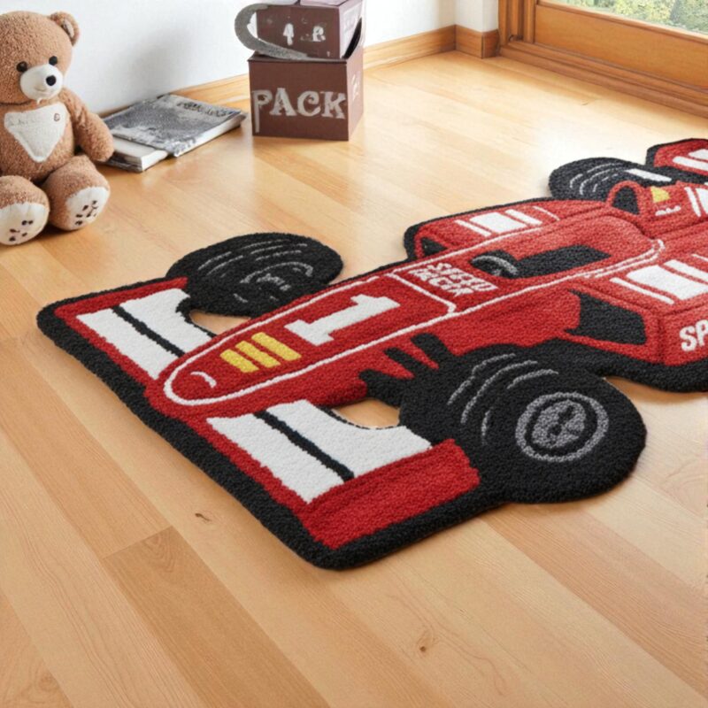 Hand Tufted Wool Race Car Rug - Red F1 Speed Racer Carpet - Image 3
