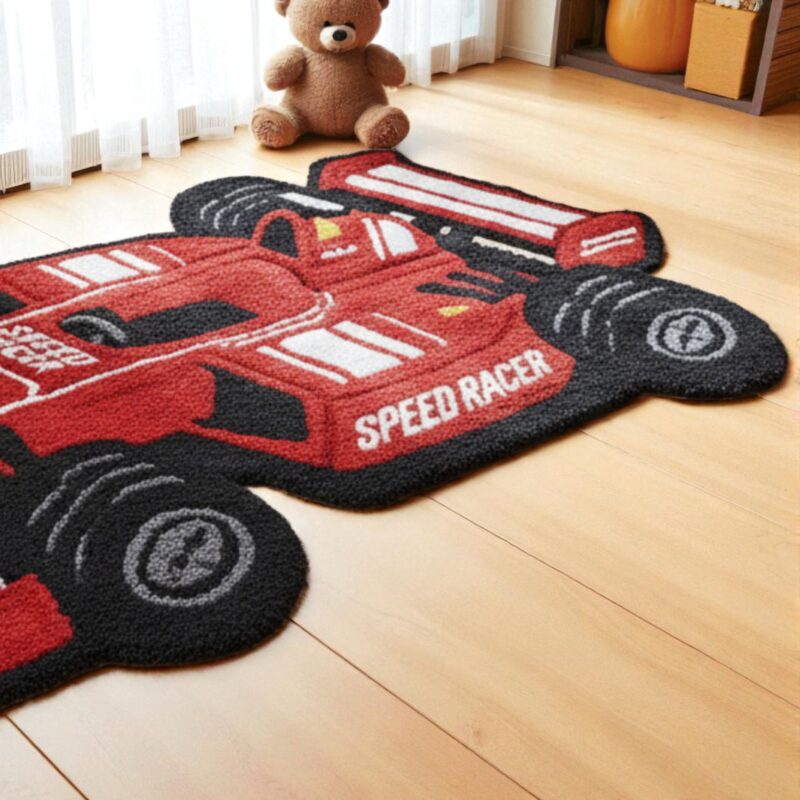 Hand Tufted Wool Race Car Rug - Red F1 Speed Racer Carpet - Image 2