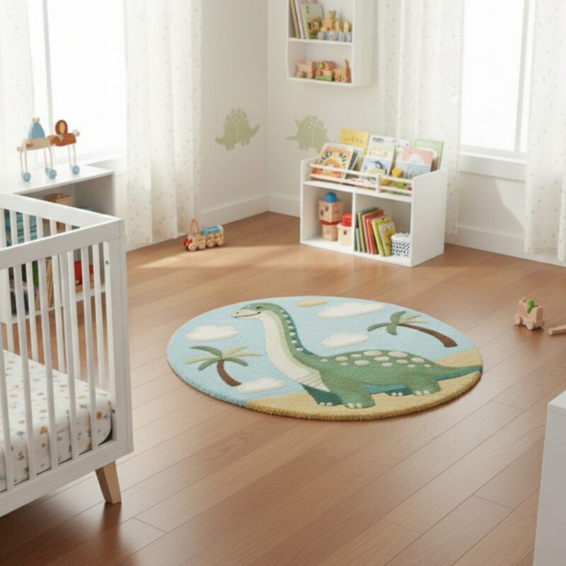 Hand-Tufted Wool Dinosaur Rug: Round Nursery Playroom Carpet - Image 2