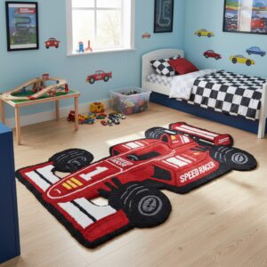 Hand Tufted Wool Race Car Rug - Red F1 Speed Racer Carpet