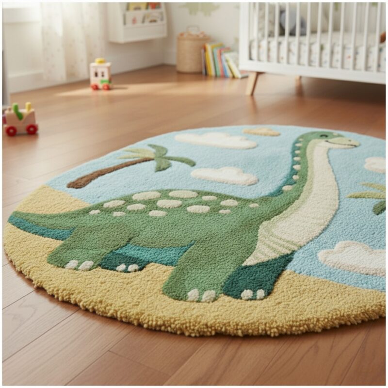 Hand-Tufted Wool Dinosaur Rug: Round Nursery Playroom Carpet - Image 4