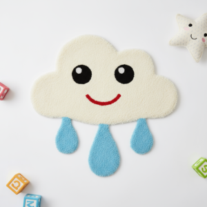 Hand Tufted Wool Kids Rug: Smiling Cloud Raindrop Design