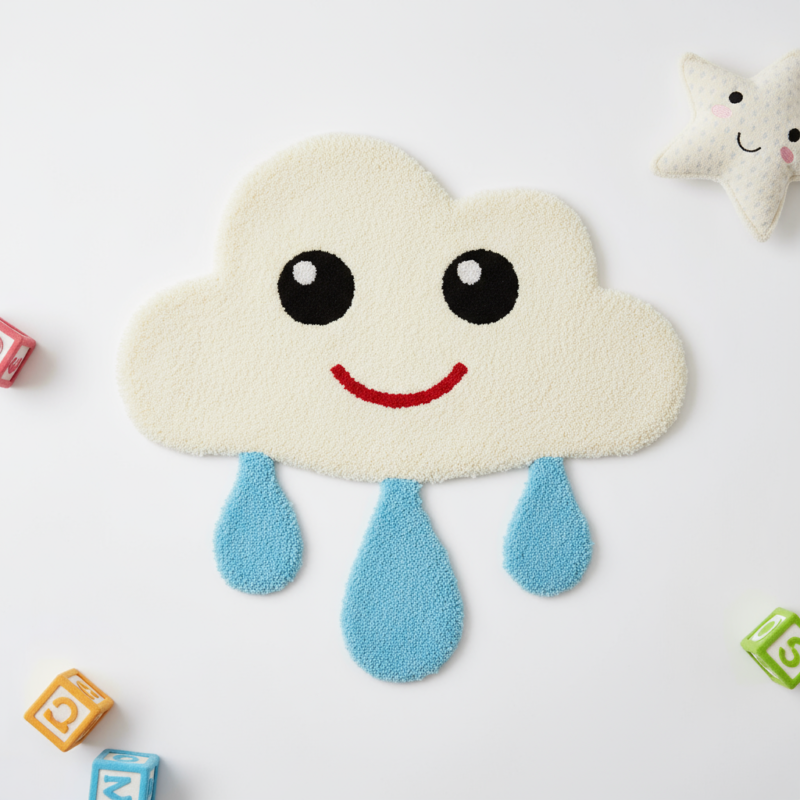 Hand Tufted Wool Kids Rug: Smiling Cloud Raindrop Design