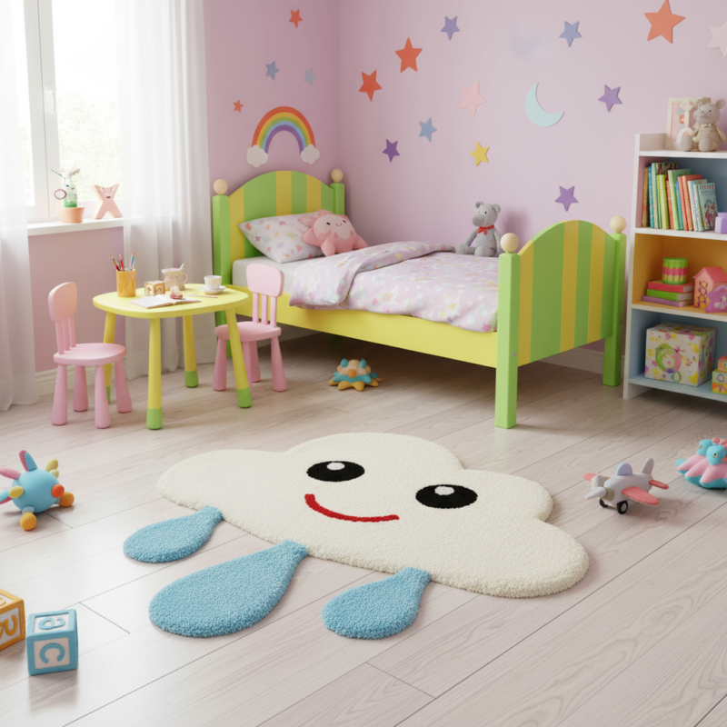 Hand Tufted Wool Kids Rug: Smiling Cloud Raindrop Design - Image 5