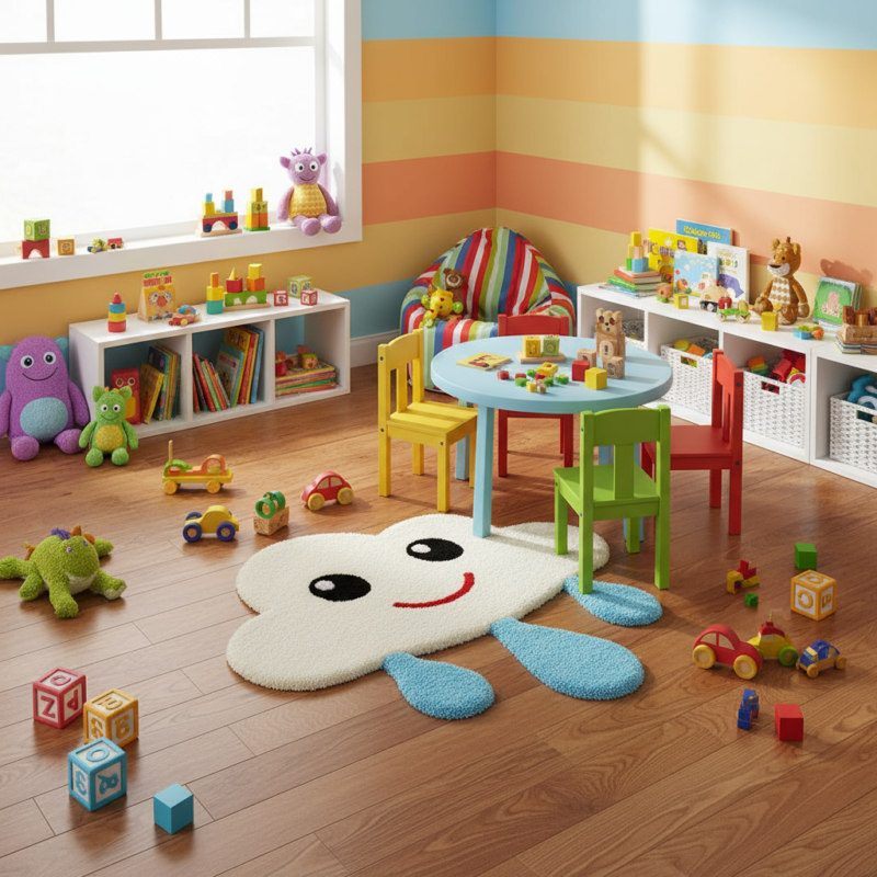 Hand Tufted Wool Kids Rug: Smiling Cloud Raindrop Design - Image 4