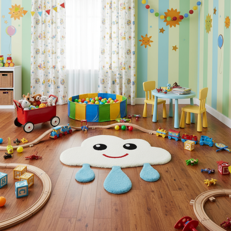 Hand Tufted Wool Kids Rug: Smiling Cloud Raindrop Design - Image 3